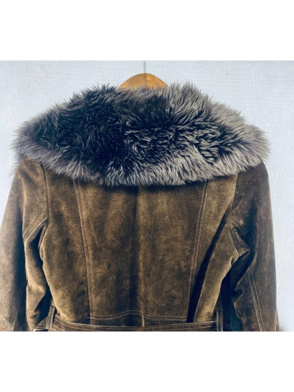 Vintage y2k Jacket Womens S Brown Suede Faux Fur Trim Belted Spain - Picture 12 of 16